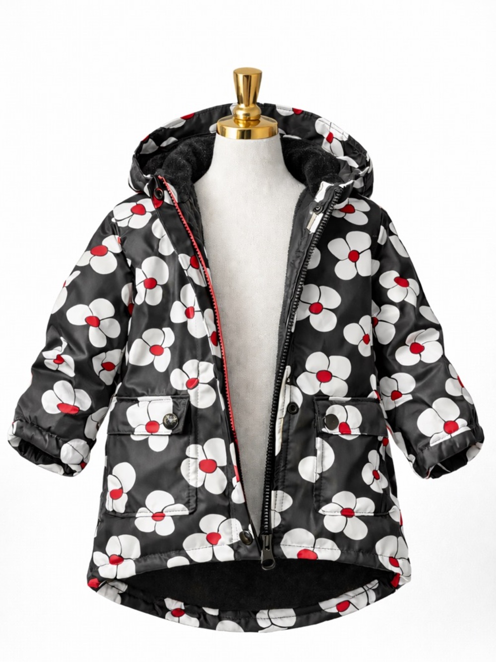 Hunter Girls 4T Floral Rain Jacket Black White Red Hooded Waterproof Fleece